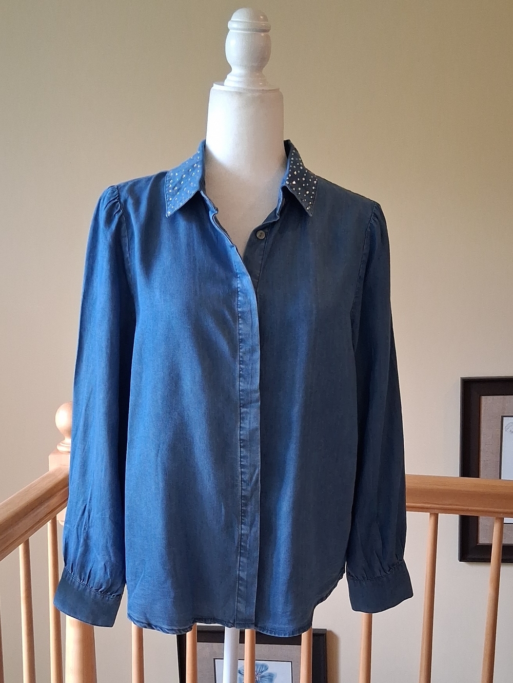 Badgley Mischka Blue Denim Button-Front Blouse + Embellished Rhinestone Collar